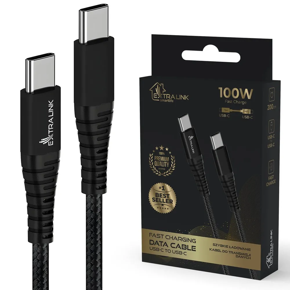Extralink Smart Life Braided 100W USB Type-C to Type-C 2m Czarny Kabel USB Typu C