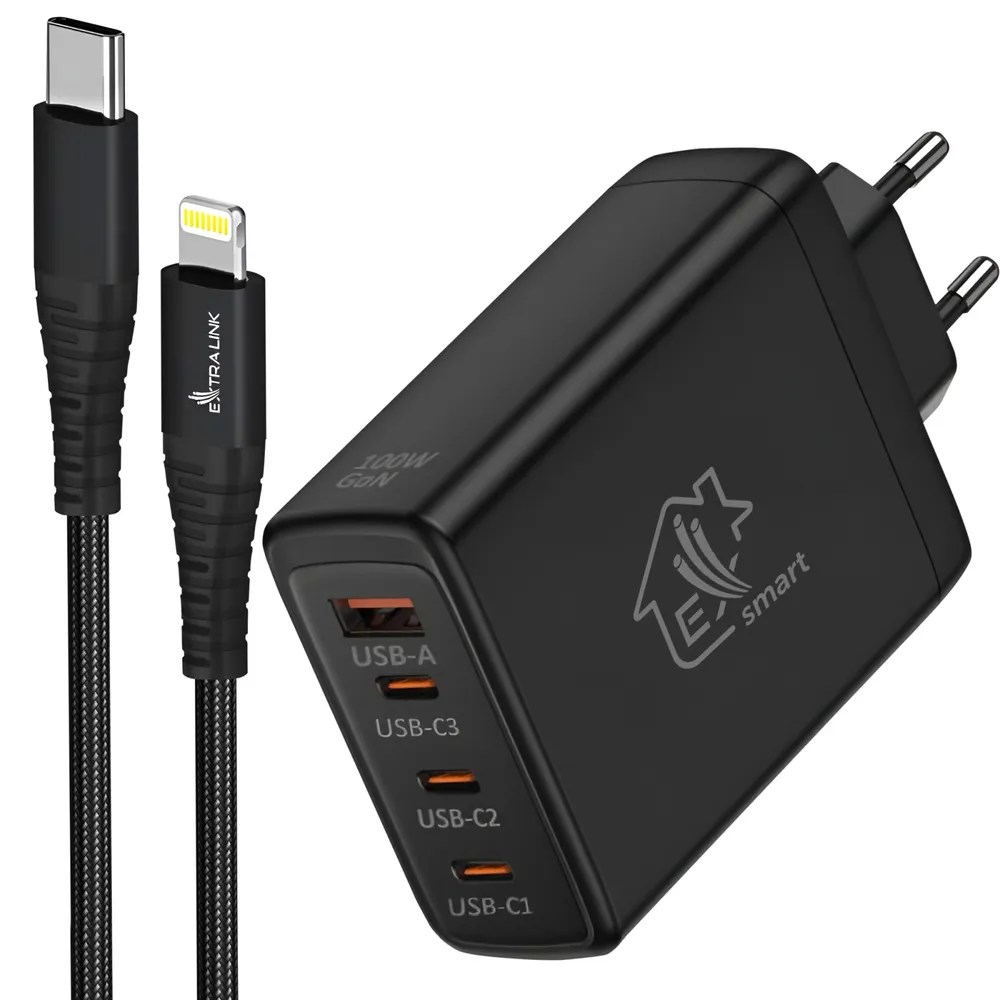 Zestaw Extralink Smart Life Ładowarka 100W GaN 3x USB-C 1x USB-A + Kabel USB-C - Lightning 27W, 200 cm