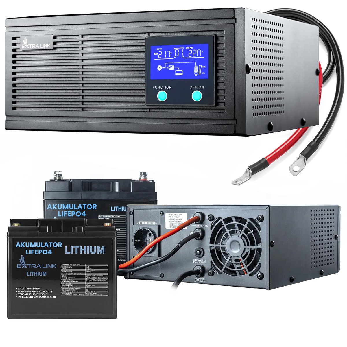Zestaw Extralink Piorun 3000VA/2100W Inwerter + 2x Extralink LiFePO4 12.8V 60Ah Akumulator | Zasilacz awaryjny | Czysta sinusoida, napięcie akumulatora 12.8VDC + bezobsługowy