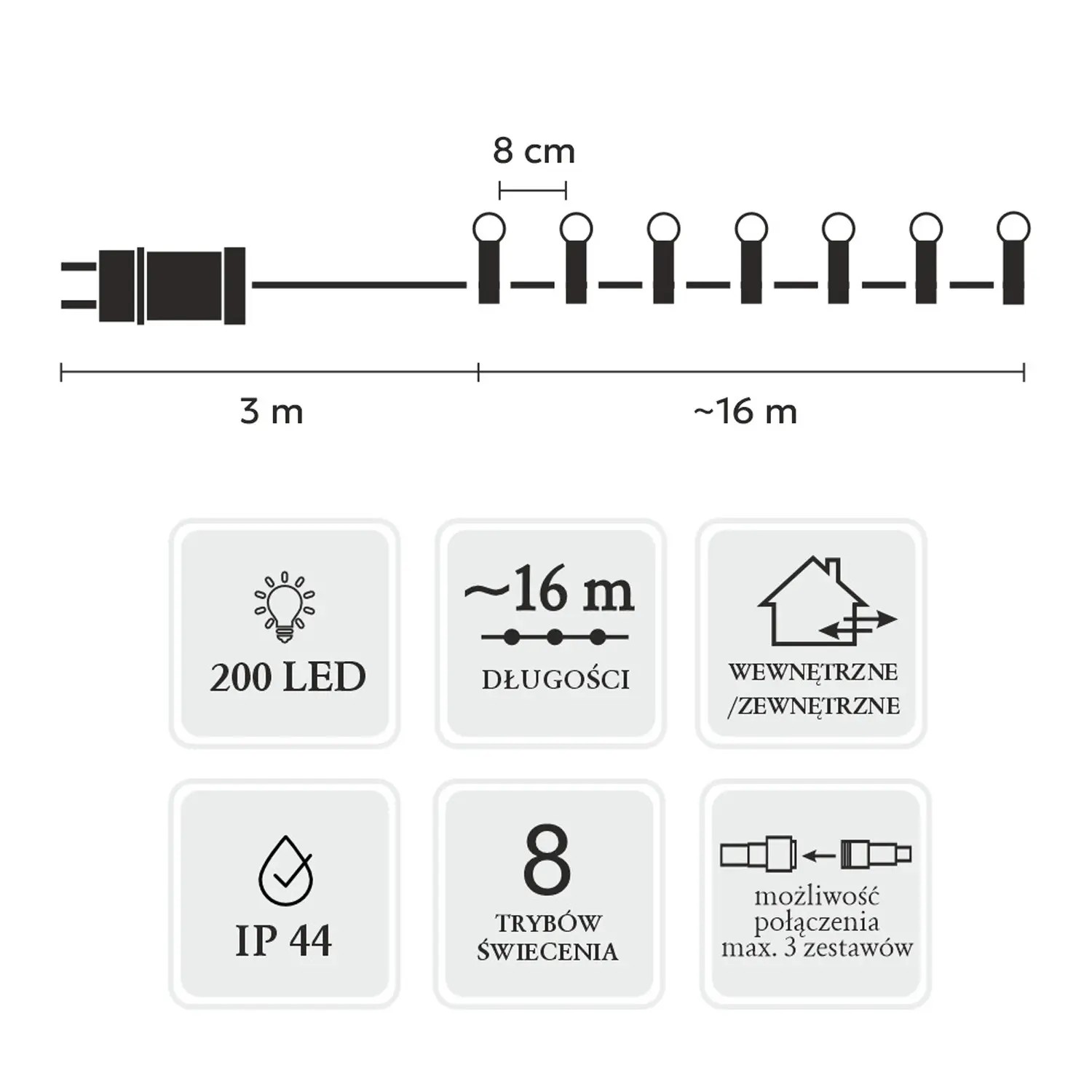 Extralink | Lampki LED | kulki 200L zimny biały, dł. 3 + 16 m - obrazek 3