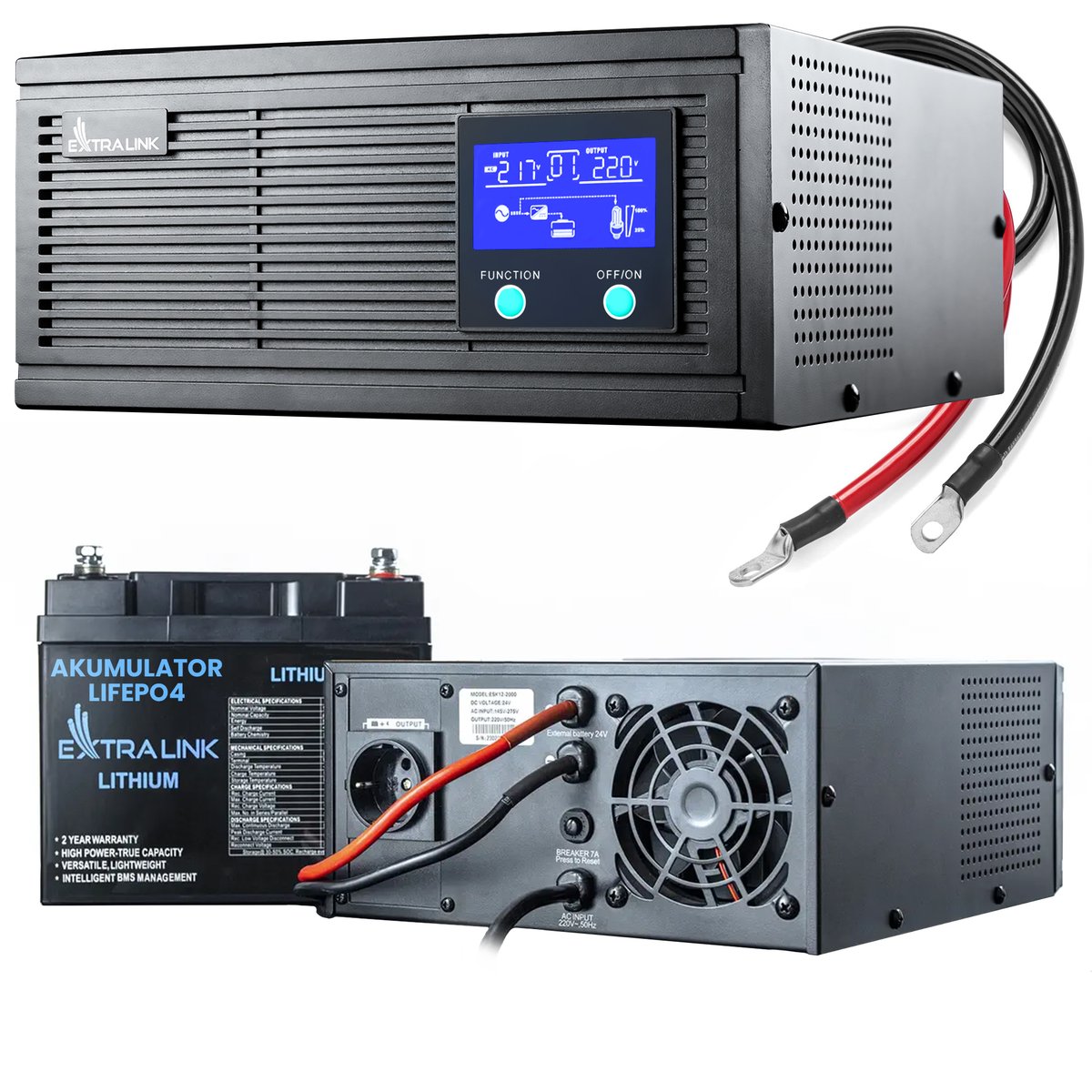 Zestaw Extralink Piorun 800VA/640W Inwerter + Extralink LiFePO4 12.8V 200Ah Akumulator | Zasilacz awaryjny | Czysta sinusoida, napięcie akumulatora 12.8VDC + bezobsługowy
