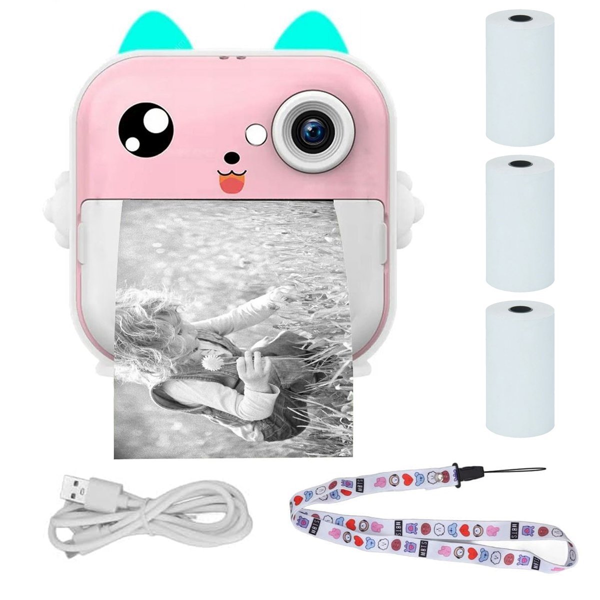 Extralink EPP-003 Różowa | Mini drukarka termiczna z aparatem | 3 rolki papieru termicznego, ekran LCD 2.5", Bluetooth, USB-C, 1000 mAh