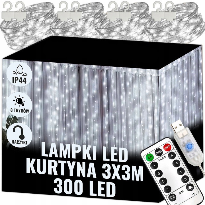 Extralink | Kurtyna świetlna LED | zimne, 3x3m, 300x LED, lampki choinkowe, świąteczne, girlanda, 5V USB