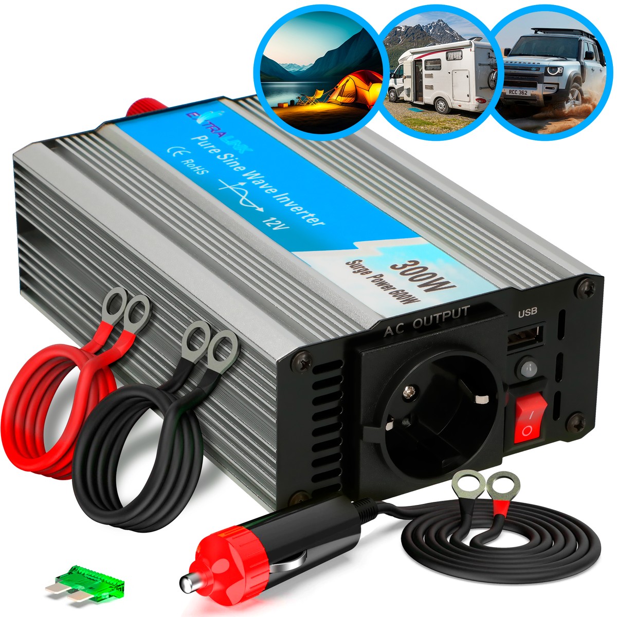 Extralink OPIP-300W | Przetwornica napięcia | samochodowa 12V, 300W czysty sinus, USB-A, USB Typ C