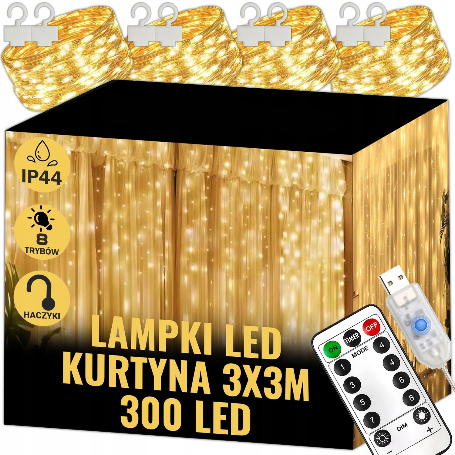 Extralink | Kurtyna świetlna LED | 3x3m, 300x LED, biały ciepły, sople wewnętrzne, girlanda