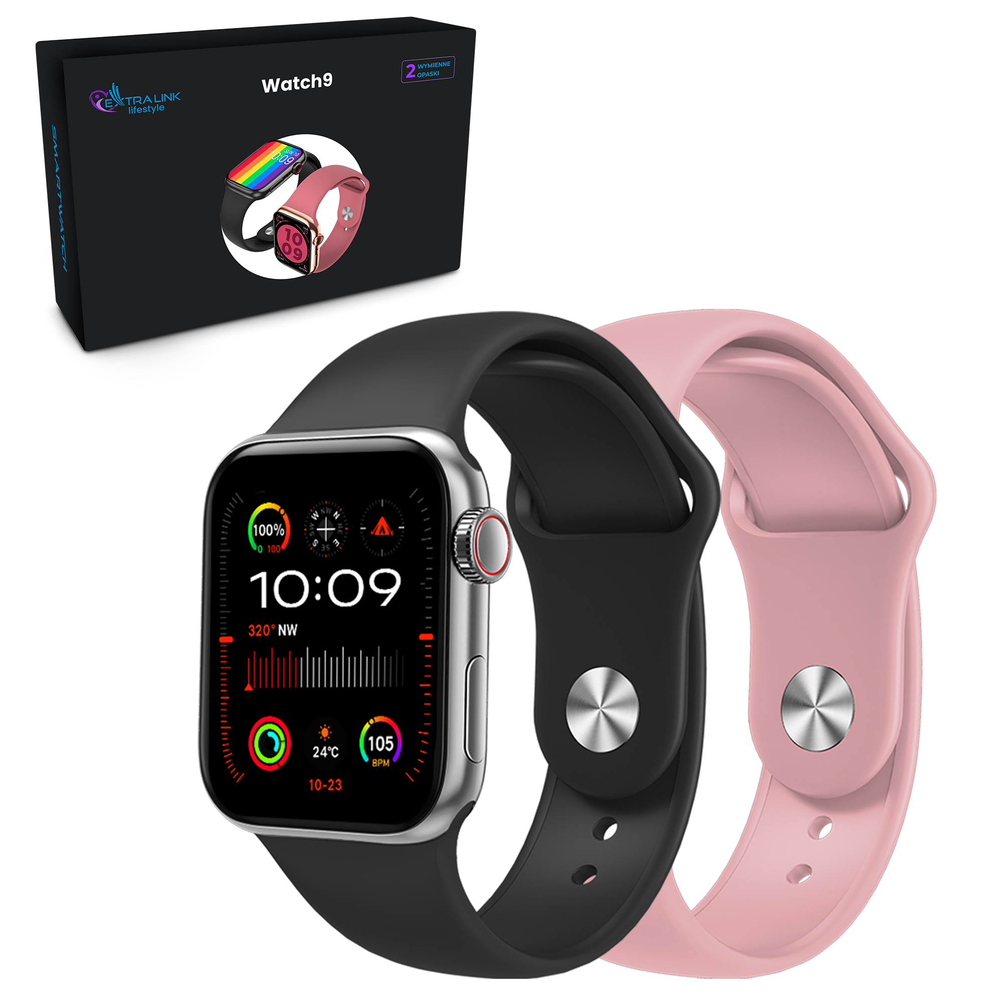 Extralink Lifestyle Smartwatch Watch9 | Smartband | srebrny + czarny/różowy pasek