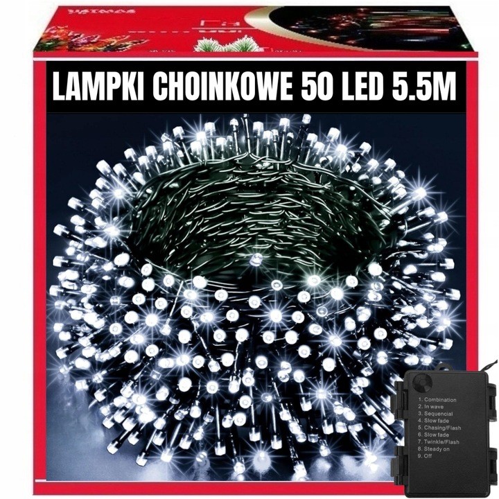 Extralink | Lampki choinkowe | świąteczne, 5,5m, 50 LED, zimne, białe, wewnętrze, zewnętrzne, na baterie
