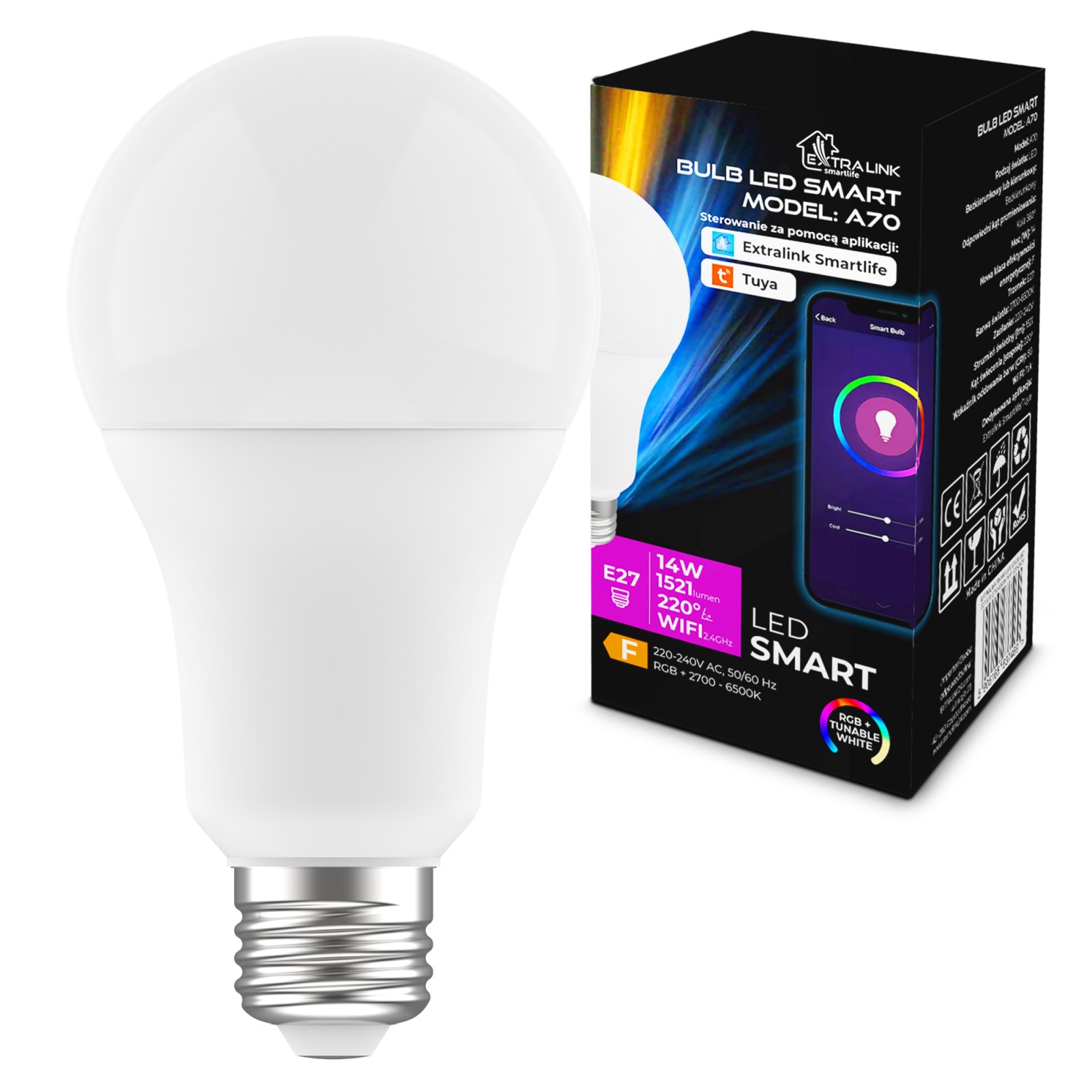 Extralink Smartlife E27 A70 | Żarówka LED | 2700-6500k WiFi 220-240V Tuya