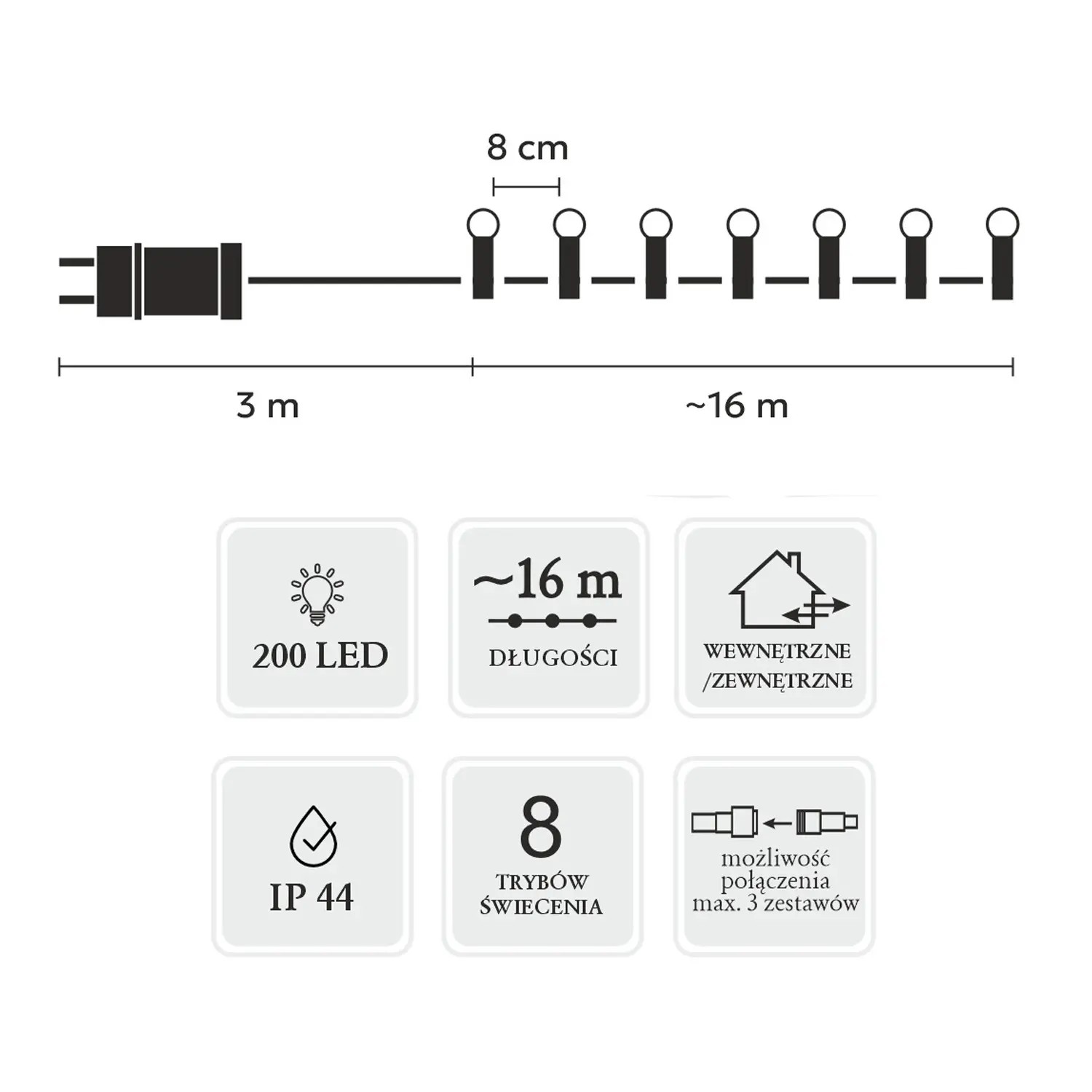 Extralink | Lampki LED | kulki 200L ciepły biały, dł. 3 + 16 m - obrazek 3