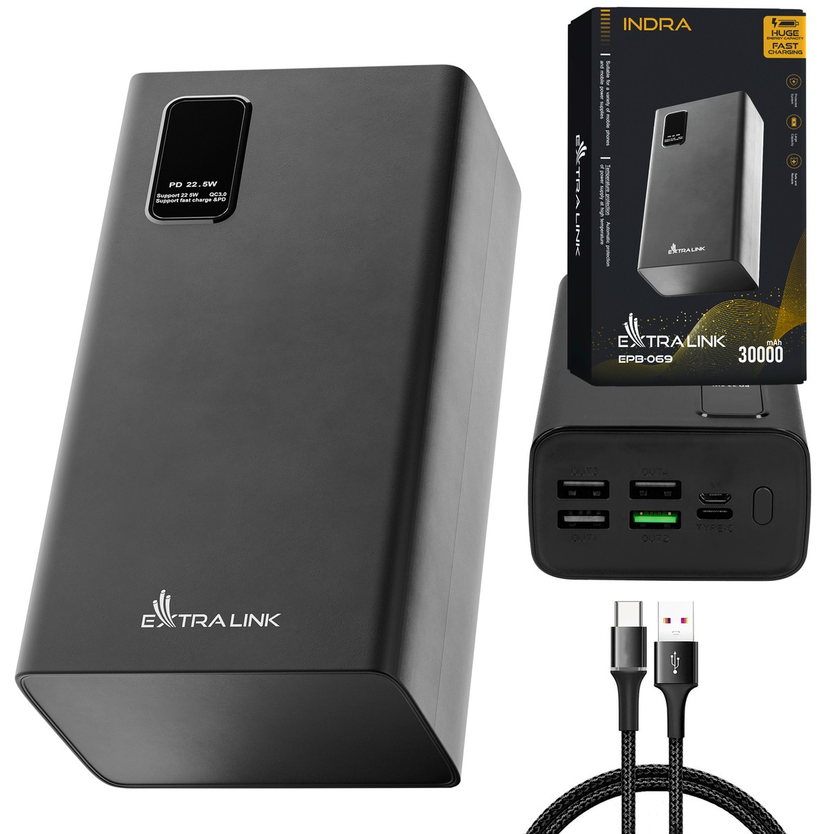 Extralink EPB-069 30000mAh Czarny | Powerbank | Power bank, Fast Charging, USB-C