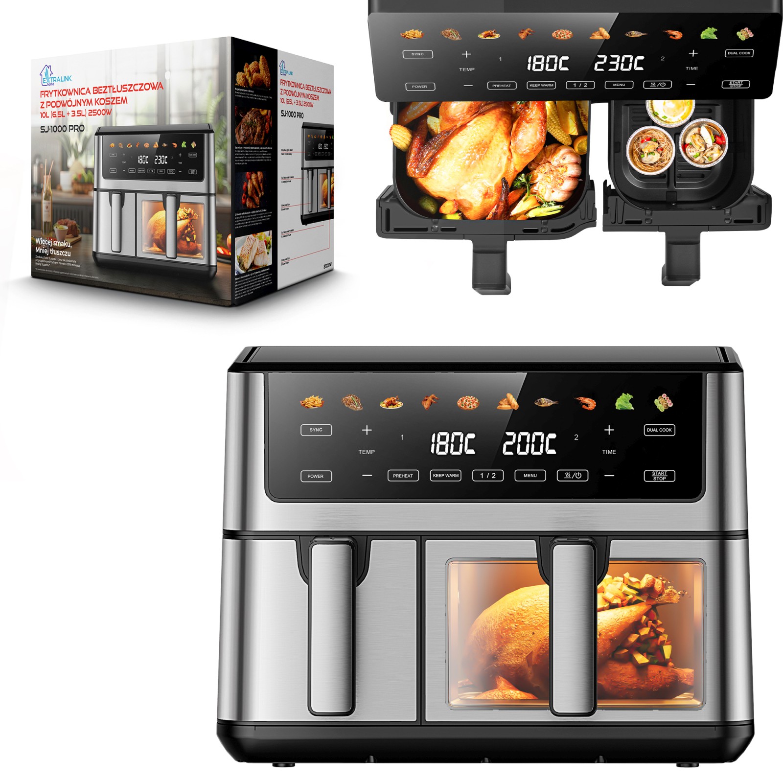 Extralink Home Air Fryer SJ-1000 PRO 10L EU | Frytkownica | (6.5L+3.5L) 2500W