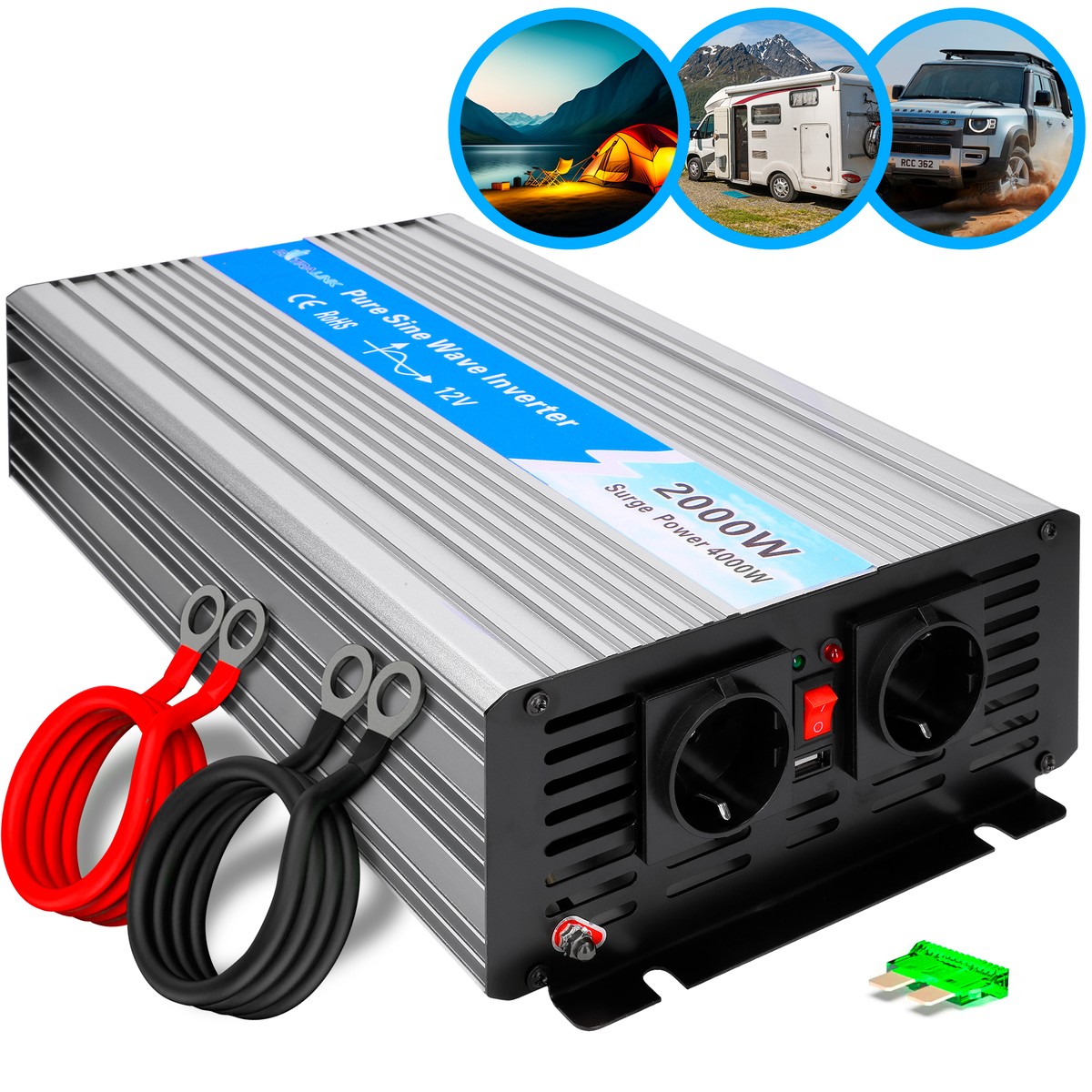 Extralink OPIP-2000W | Przetwornica napięcia | samochodowa 12V, 2000W, czysty sinus, USB-A, USB Typ C