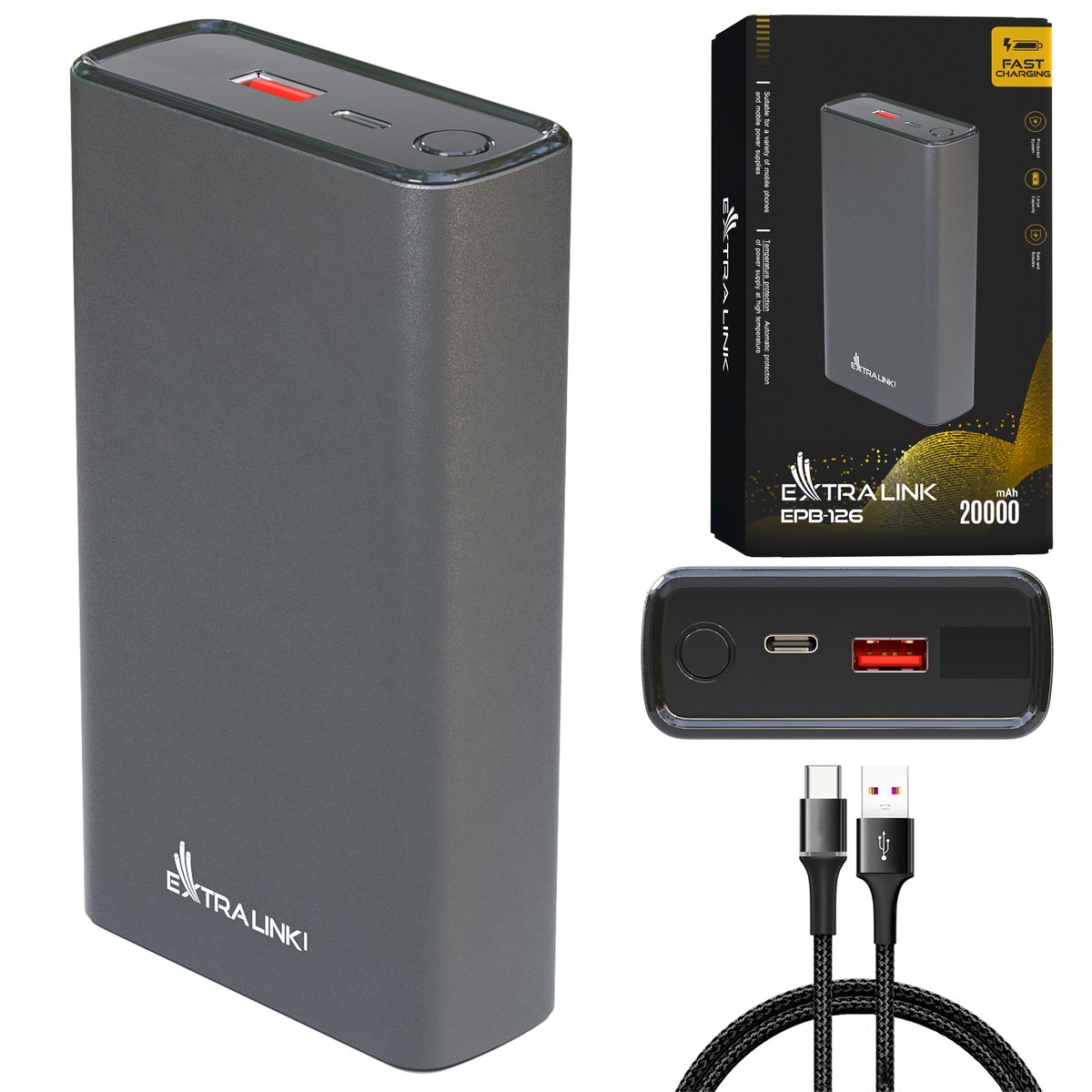 Extralink EPB-126 20000mAh Srebrny | Powerbank | Power bank, 45W PD, USB-C