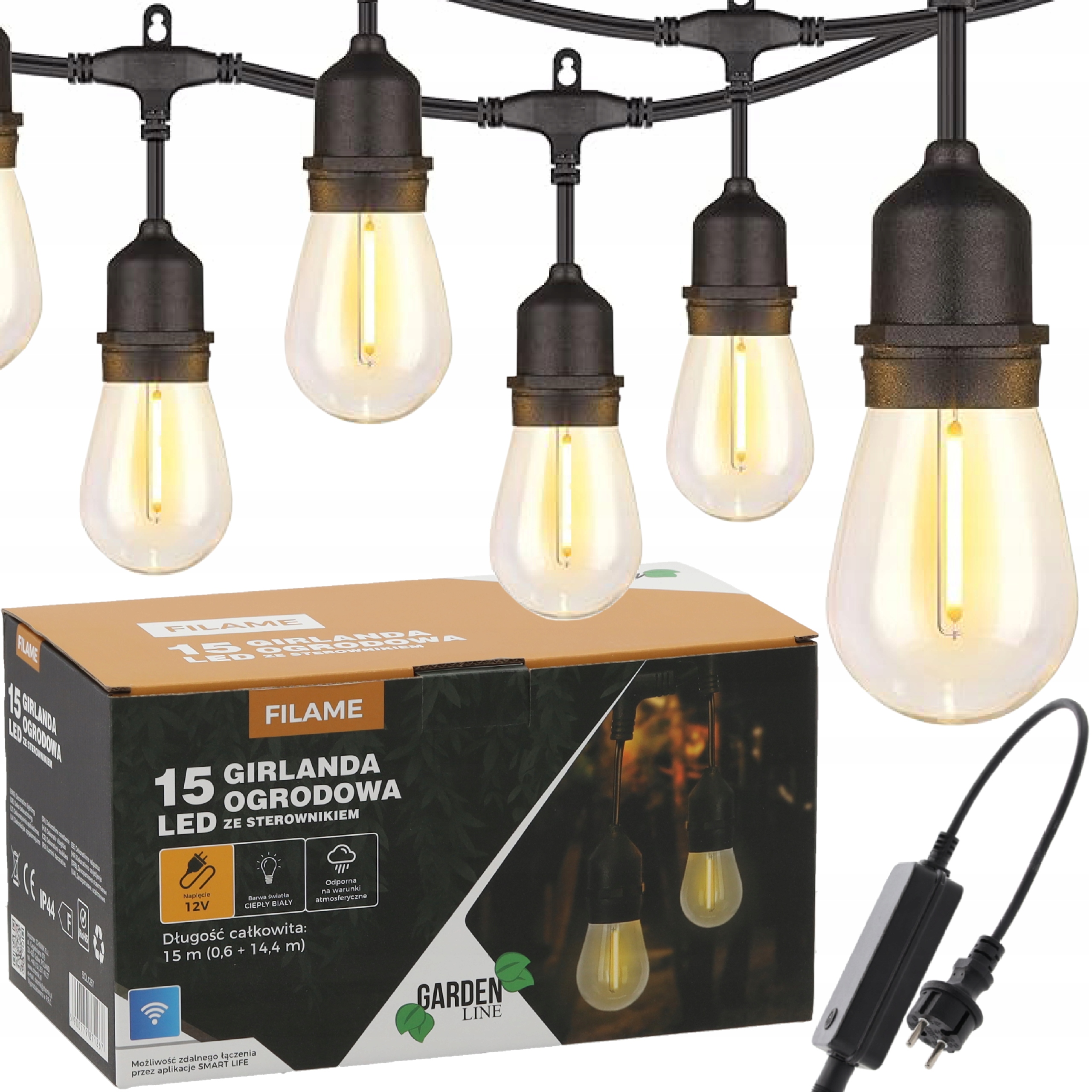 Extralink | Girlanda ogrodowa ze sterownikiem 12 V | dł. 0,6 + 14,4 m Filame 15 LED ciepły biały z uchwytami