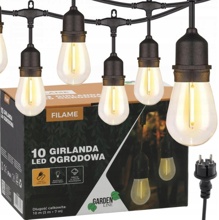 Extralink | Girlanda ogrodowa 230 V | dł. 3 + 7 m filame 10 LED ciepły biały z uchwytami