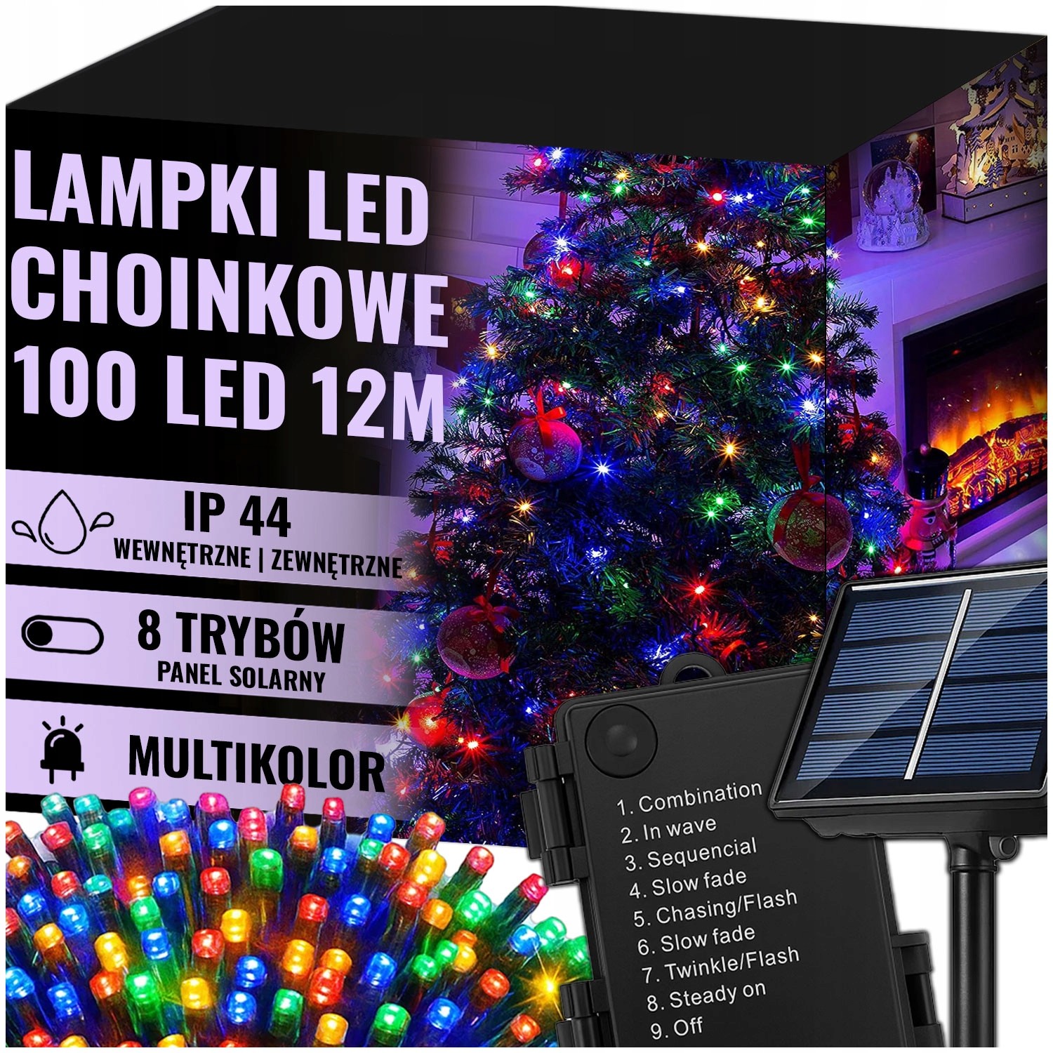 Extralink | Lampki choinkowe | świąteczne, 12m, 100 LED, solarne, zewnętrzne, multikolor