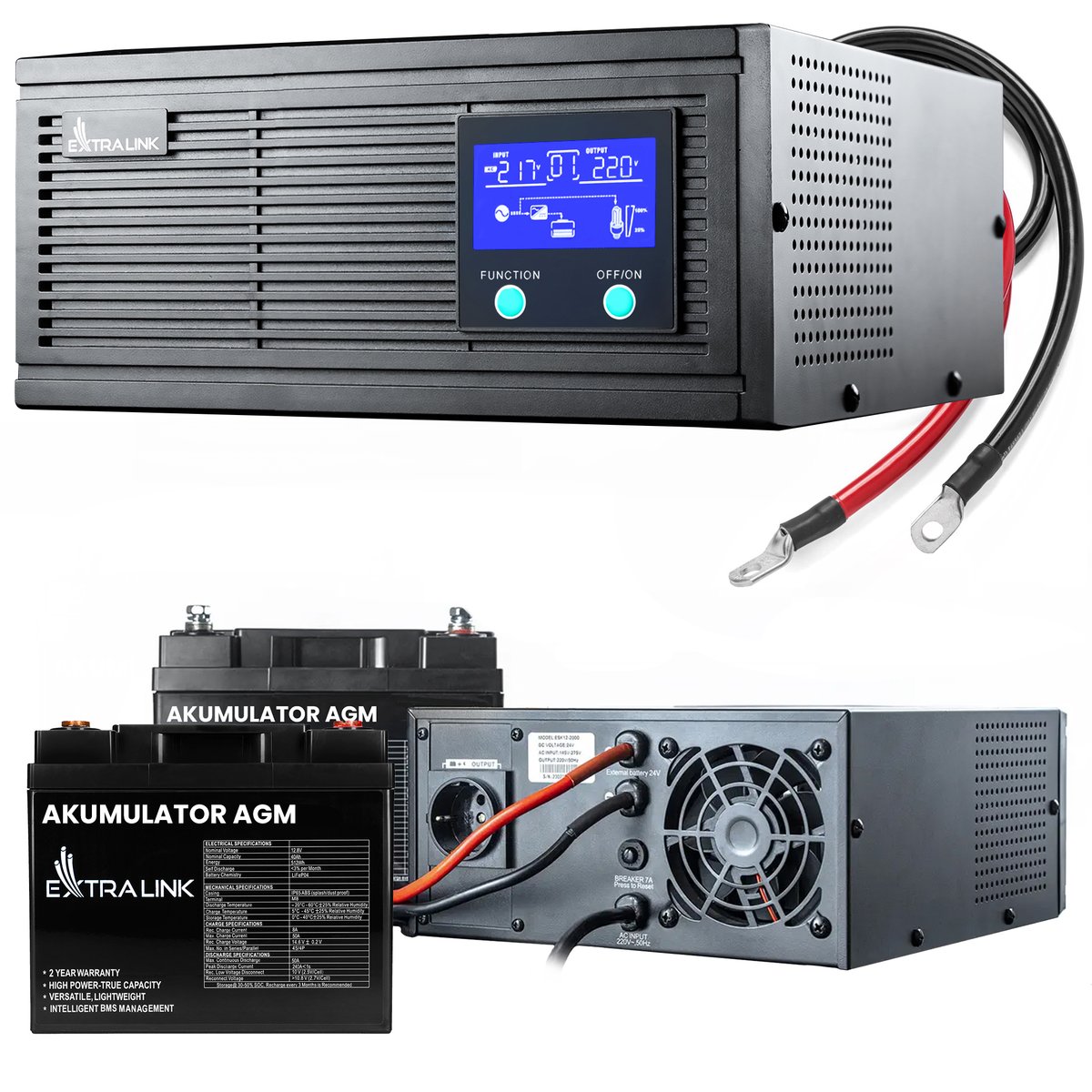 Zestaw Extralink Piorun 2000VA/1600W Inwerter + 2x Extralink AGM 12V 45Ah Akumulator | Zasilacz awaryjny | Czysta sinusoida, napięcie akumulatora 12VDC + bezobsługowy