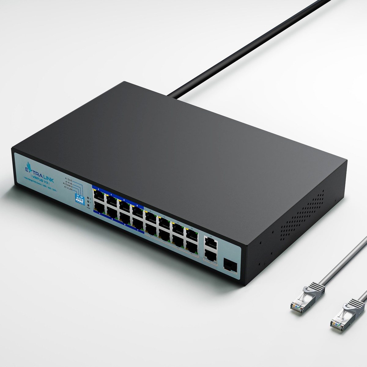 Extralink VIRTUS V3 | Switch PoE | 16x 100Mb/s PoE/PoE+, 2x Gigabit RJ45 + 1x SFP, 150W - obrazek 4