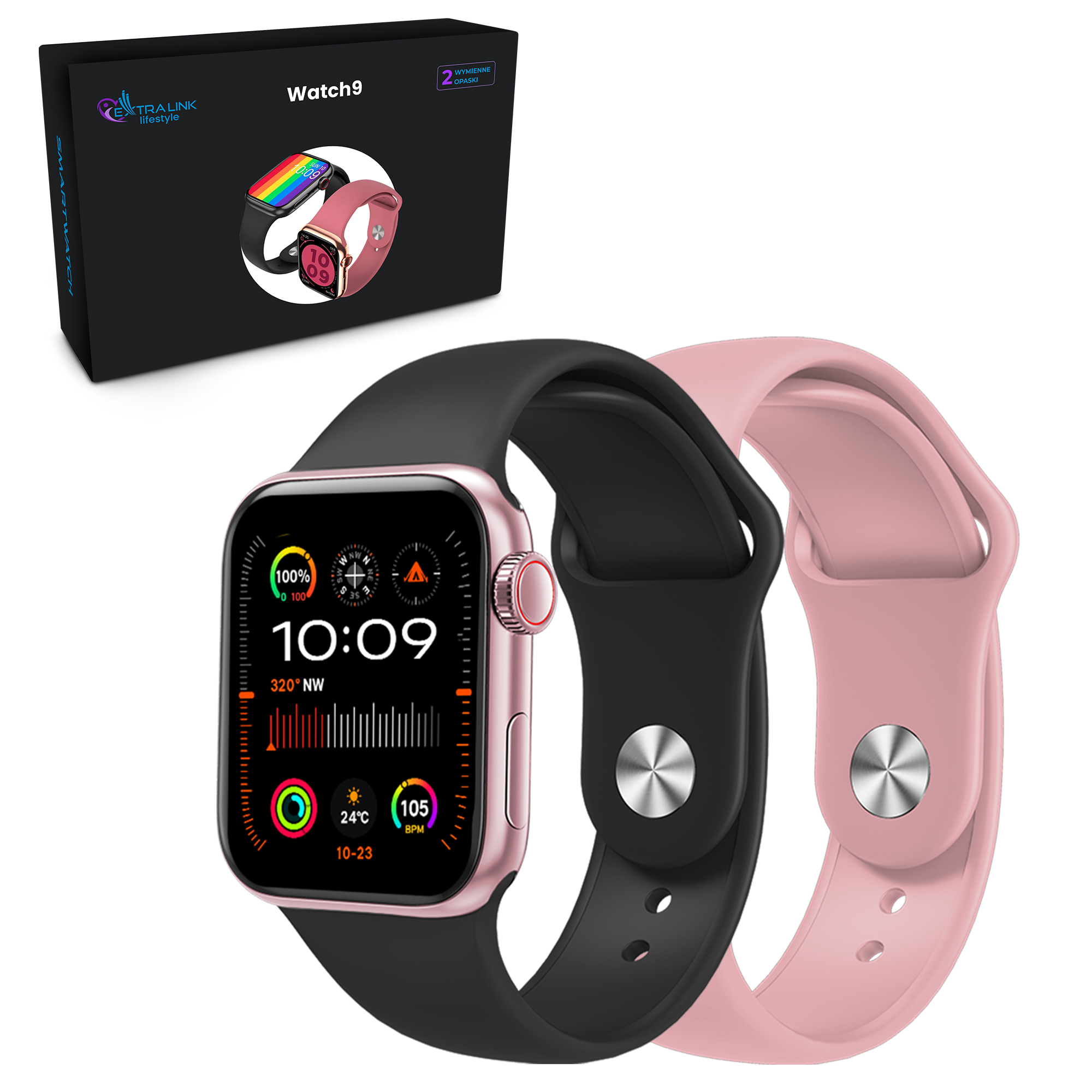 Extralink Lifestyle Smartwatch Watch9 | Smartband | różowy + czarny/różowy pasek