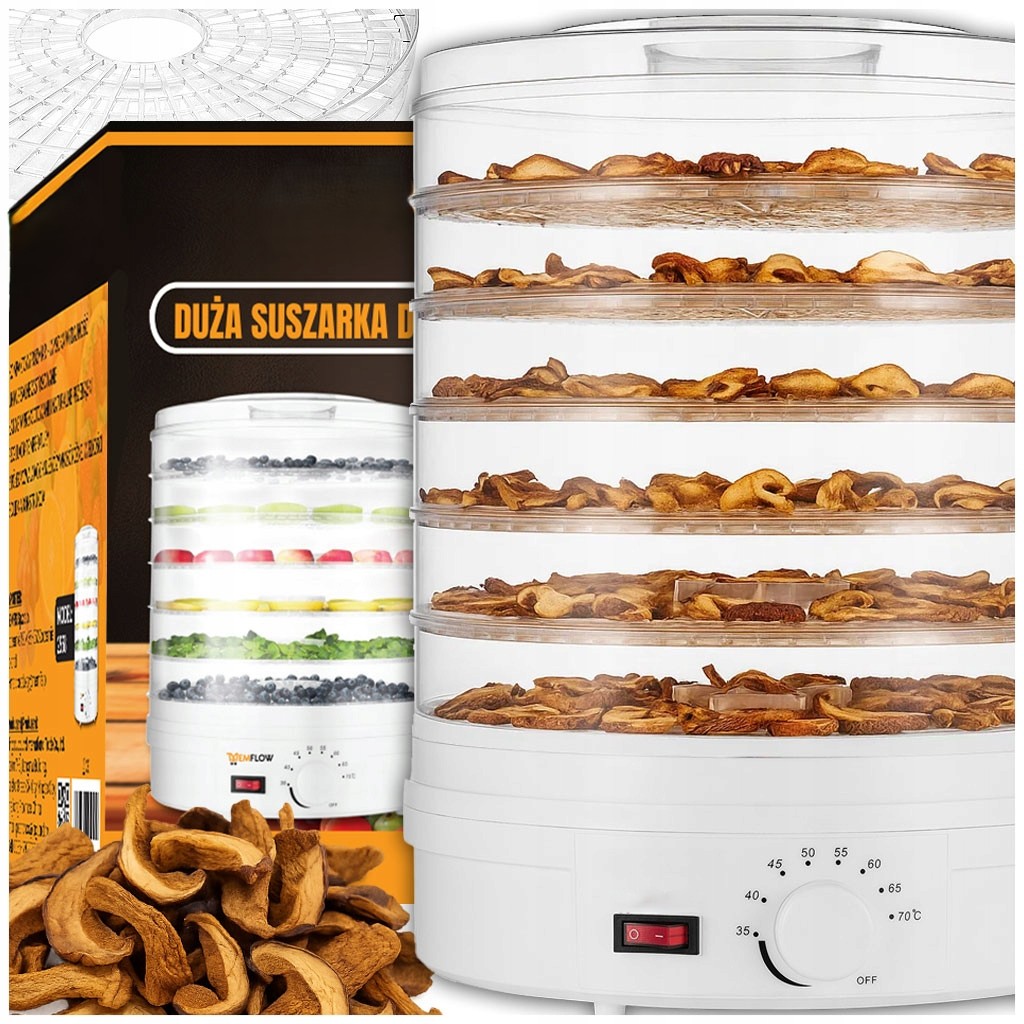 Extralink Home | Suszarka spożywcza do grzybów owoców warzyw | 500W + 6 sit 28cm, biała