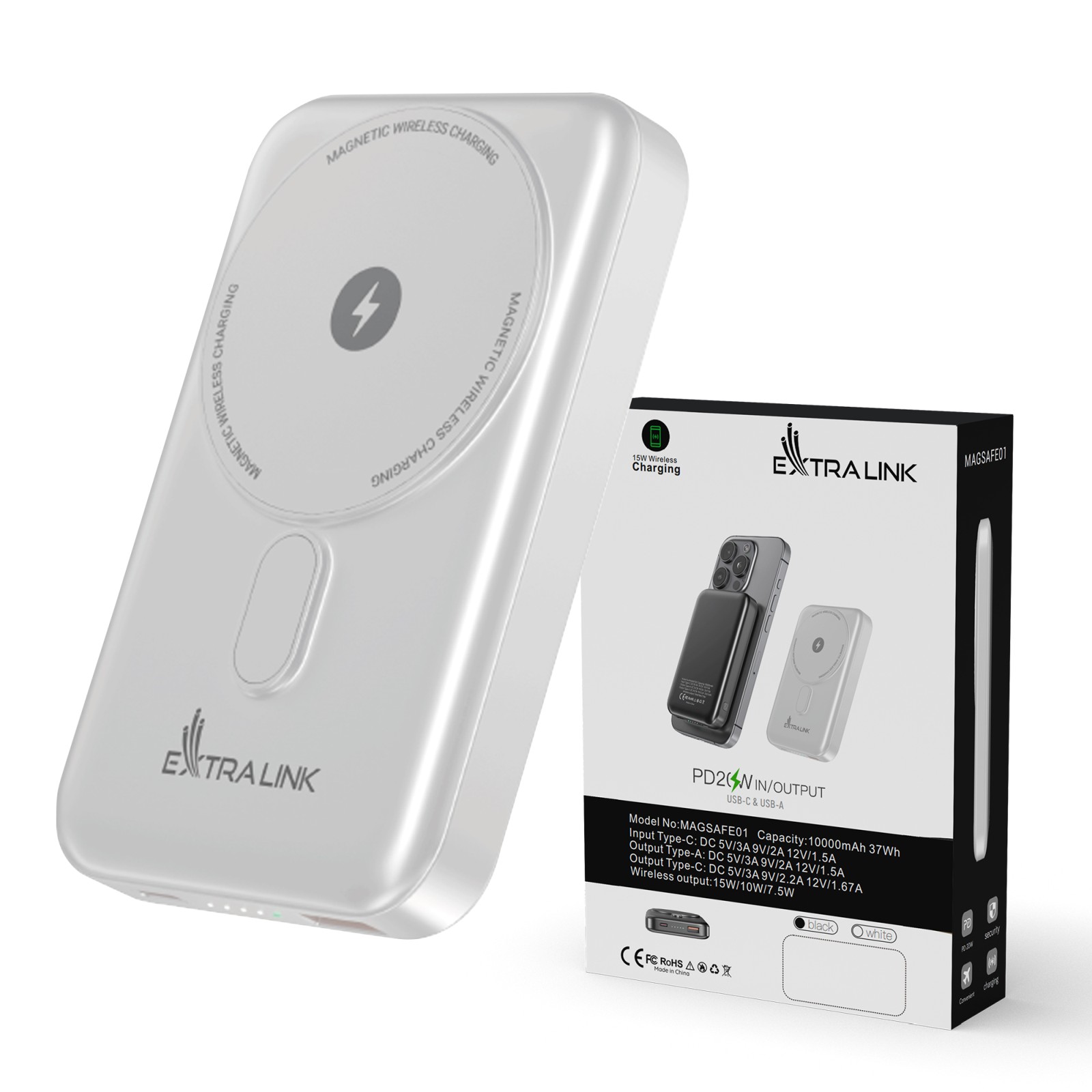 Extralink MagSafe 10000mAh Biały | Powerbank | Power bank, 38.5Wh PD20W+15W USB-C USB-A