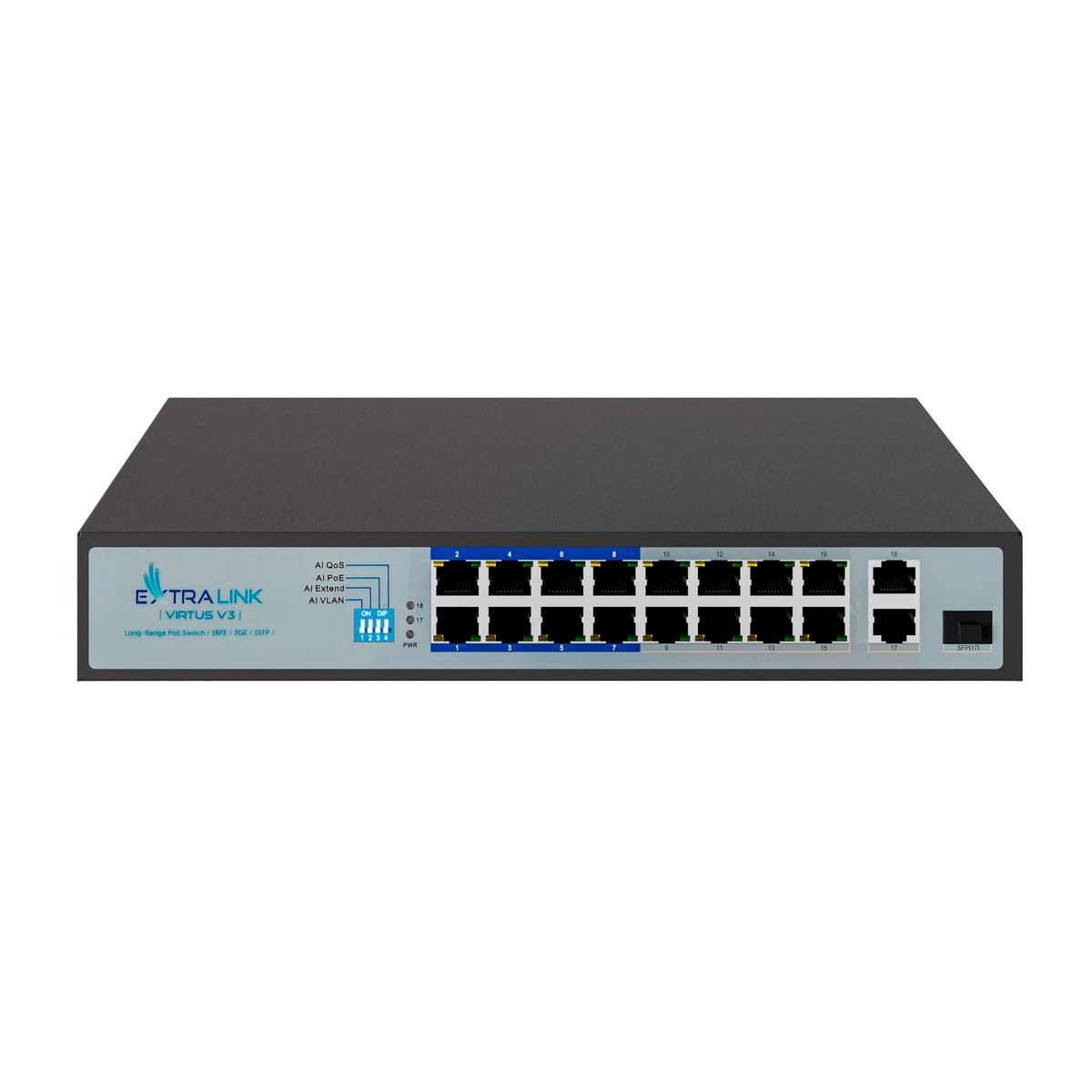 Extralink VIRTUS V3 | Switch PoE | 16x 100Mb/s PoE/PoE+, 2x Gigabit RJ45 + 1x SFP, 150W - obrazek 2