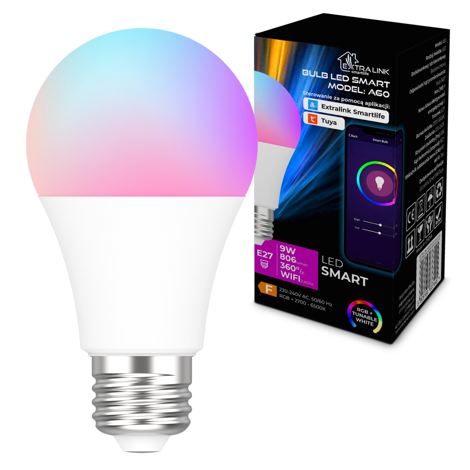 Extralink Smartlife | Żarówka LED | E27 A60 2700-6500K WiFi 220-240V, Tuya