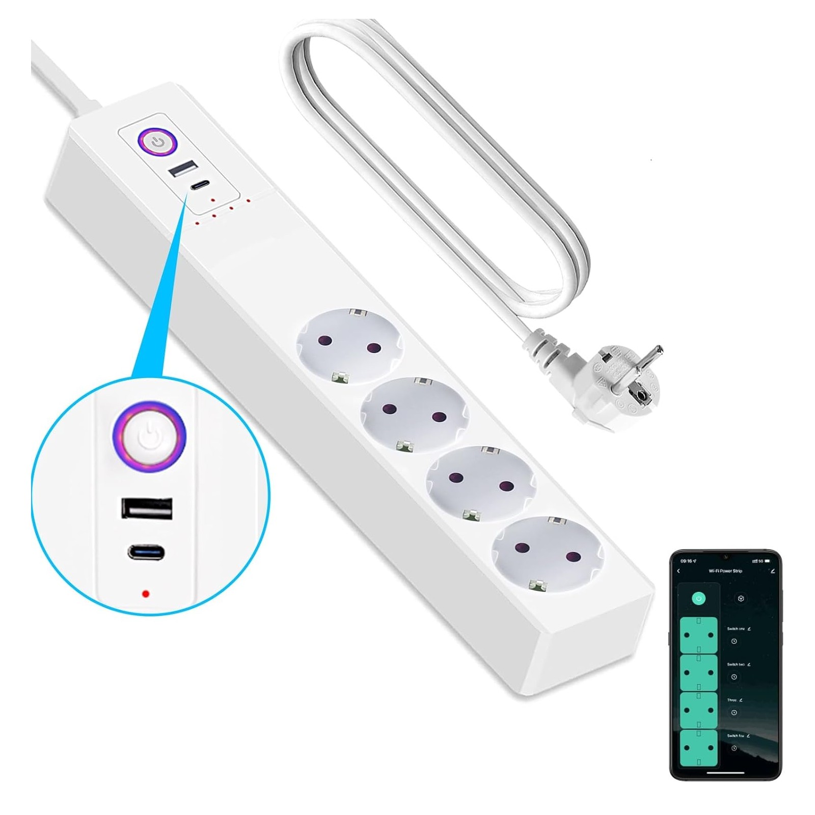Extralink Smart Life WiFi Power Strip | Inteligentna listwa zasilająca | 4x 230V + 1x USB + 1x USB-C 65W, Tuya
