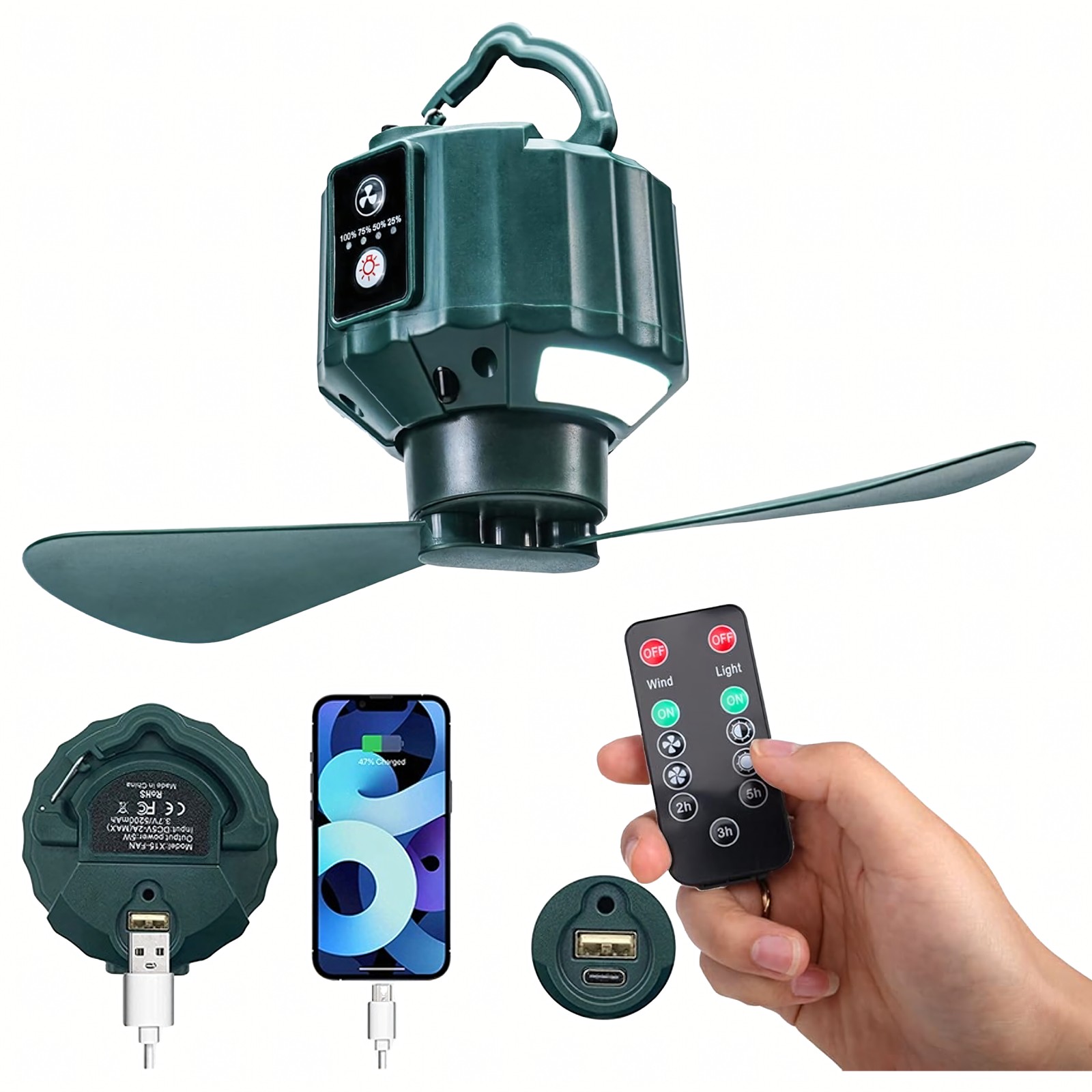 Black Forest | Przenośny wentylator 2w1 | sufitowy na USB