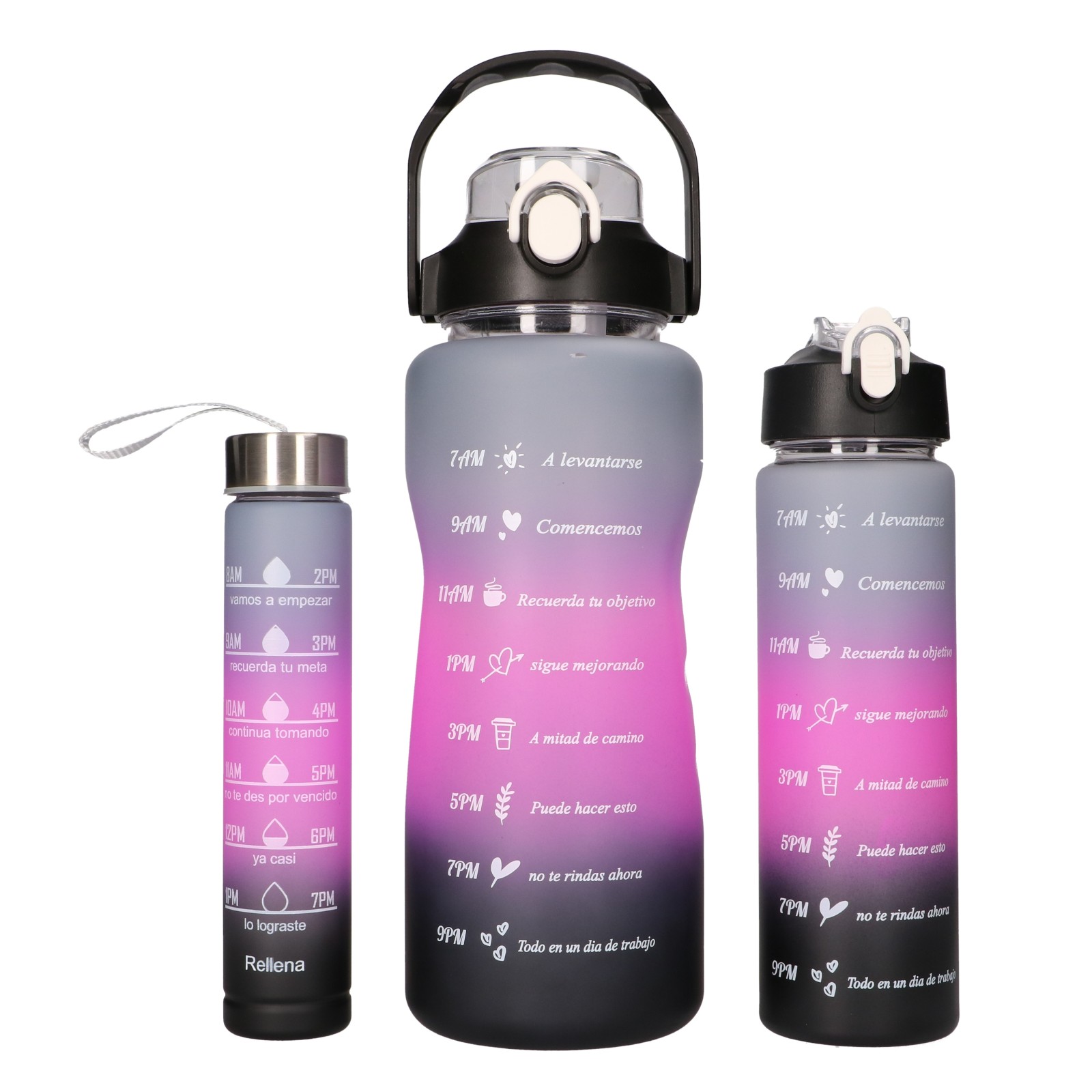 Extralink | Bidon motywacyjny 3w1 | zestaw, różowy-czarny, 2000ml+900ml+300ml