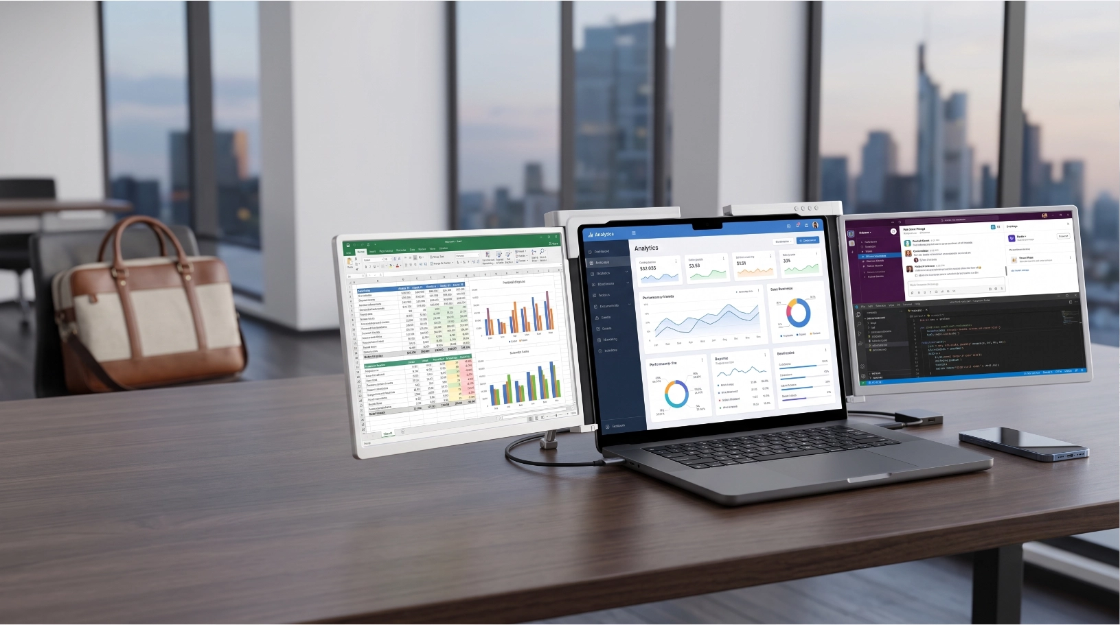 Laptop z dwoma przenośnymi monitorami na biurku, wyświetlający arkusz, analitykę i edytor kodu.