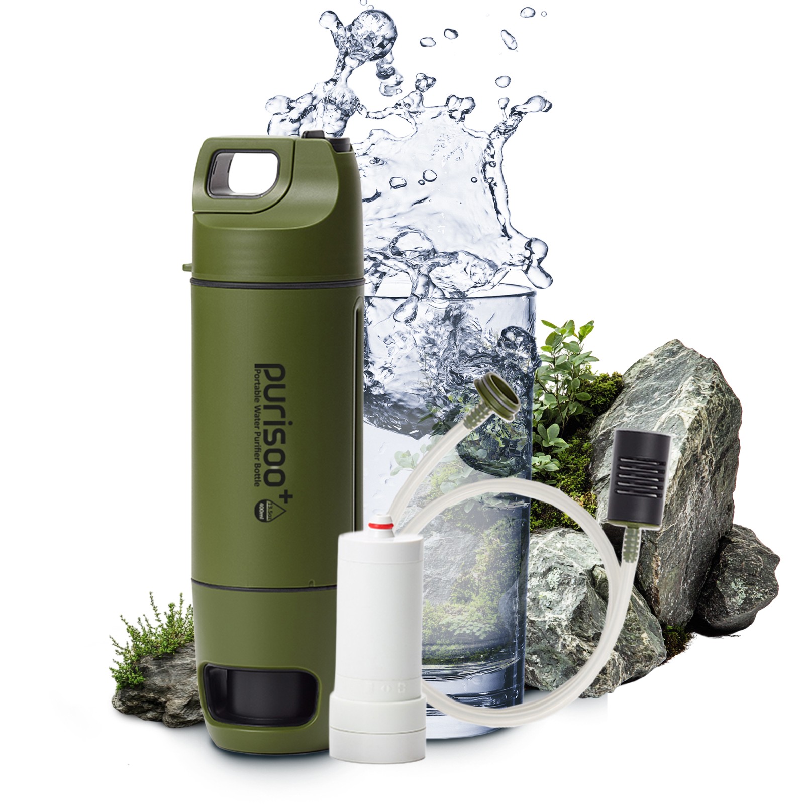 Purisoo+ Zielona | Butelka z Systemem Filtrującym | z Pompką, 400ml, filtr UF + ACF