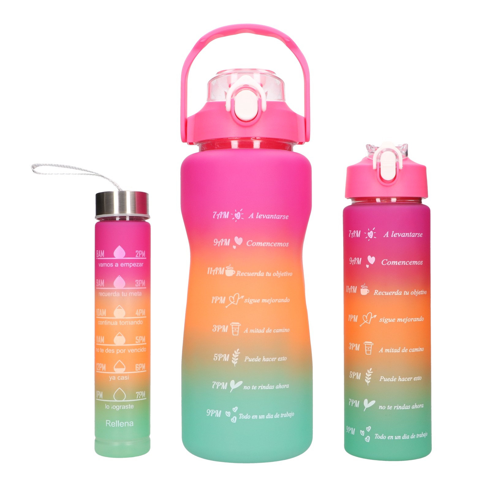 Extralink | Bidon motywacyjny 3w1 | zestaw, różowy-pomarańczowy, 2000ml+900ml+300ml