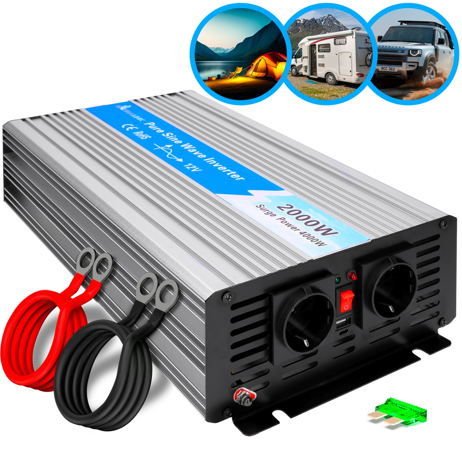 Extralink OPIP-2000W | Przetwornica napięcia | samochodowa 12V, 2000W, czysty sinus, USB-A, USB Typ C