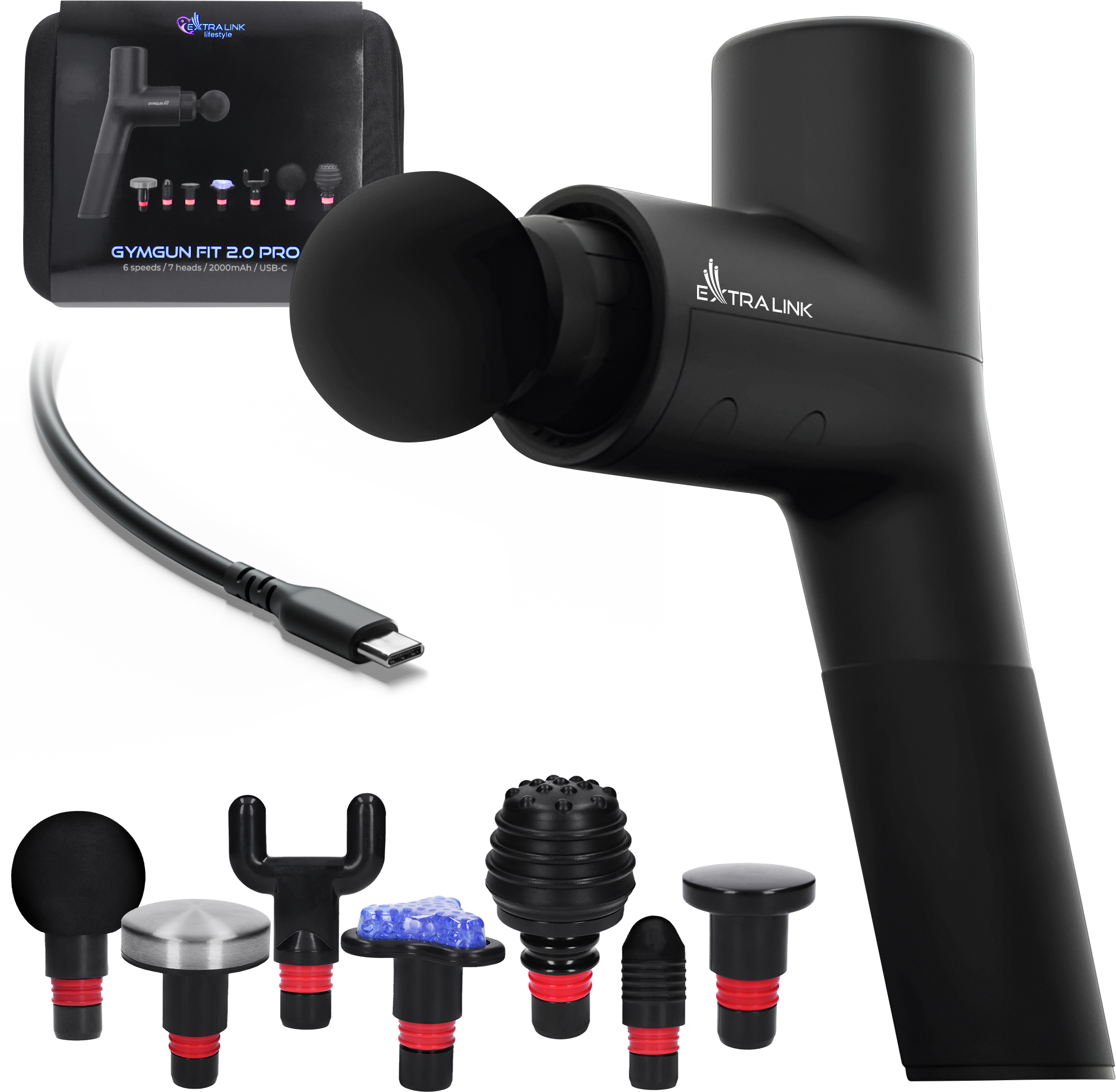 StayFit by Extralink Massage Gymgun Fit 2.0 Pro | Pistolet do masażu | 7 głowic, 6 trybów