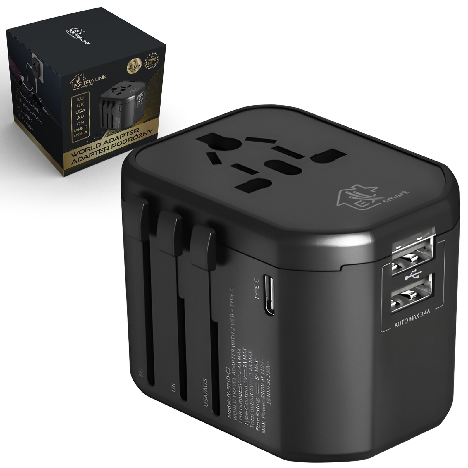 Extralink Smart Life Adapter dla podróżnych EU/UK/USA/AU/CH + USB-C, USB-A