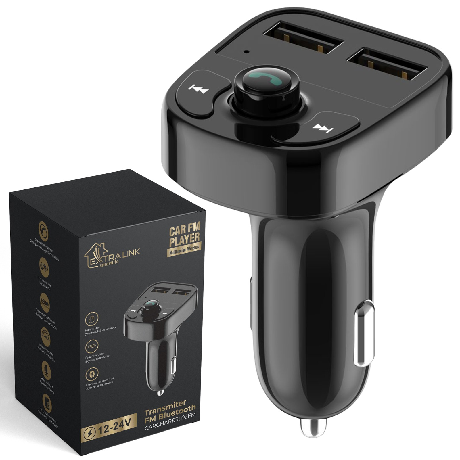Extralink Smart Life | Transmiter FM do samochodu z funkcją ładowania | 2x USB-A, Czarny