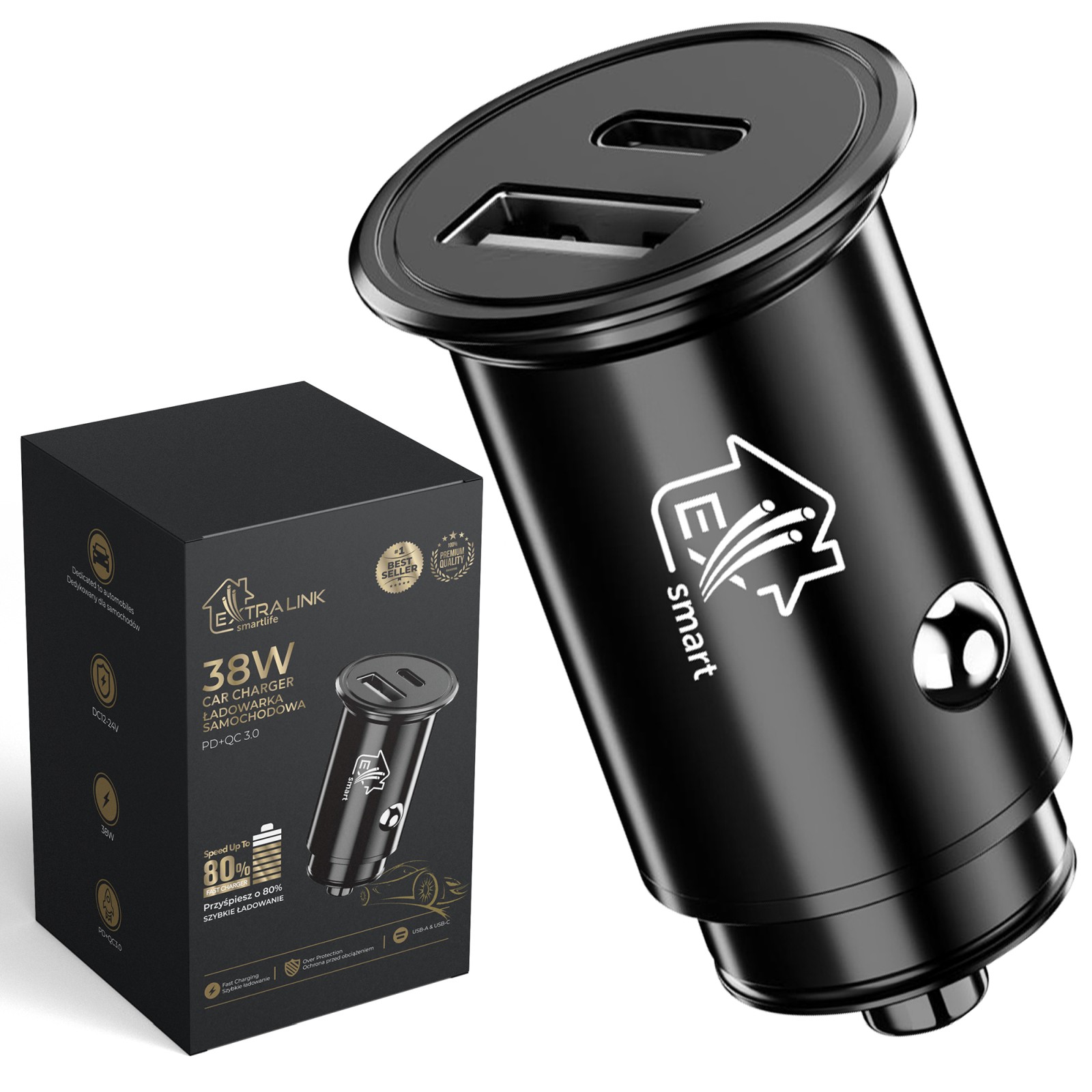 Extralink Smart Life | Ładowarka do samochodu | 38W, 1x USB-C, 1x USB-A Czarna
