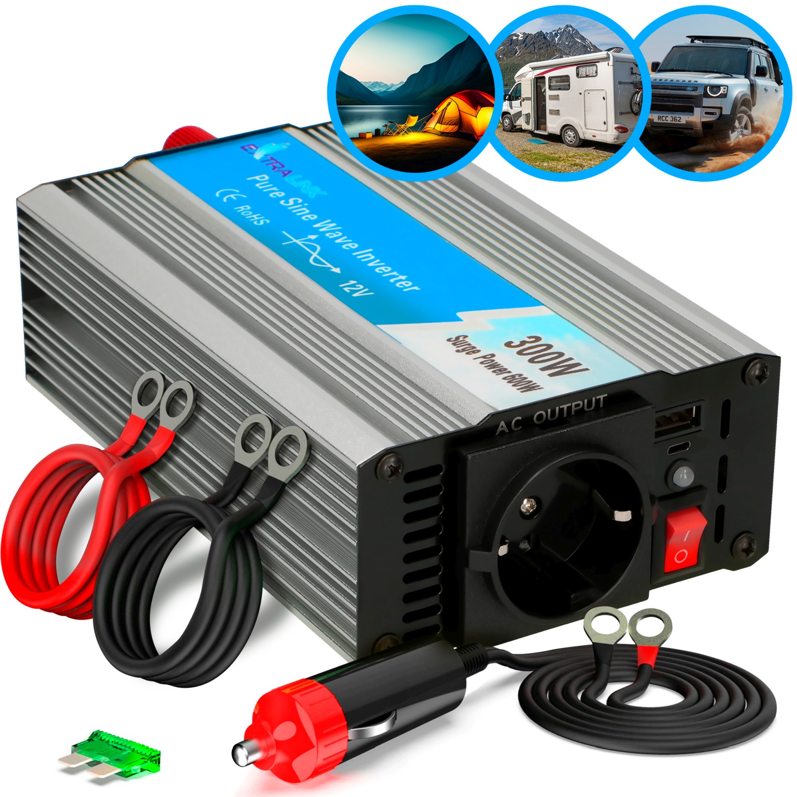 Extralink OPIP-300W | Przetwornica napięcia | samochodowa 12V, 300W czysty sinus, USB-A, USB Typ C