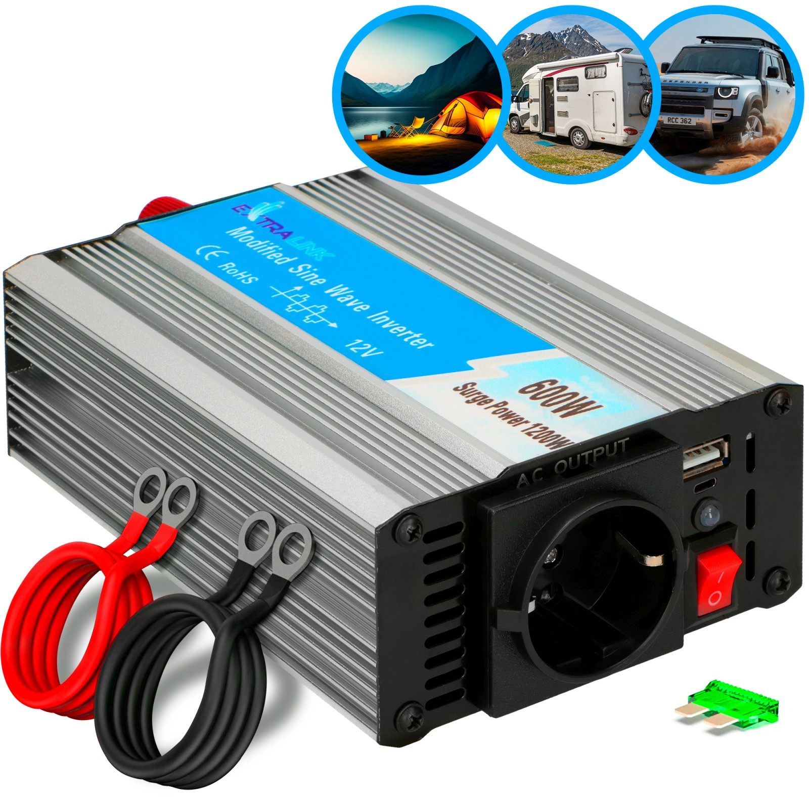 Extralink OPIM-600W | Przetwornica napięcia | samochodowa 12V, 600W modyfikowany sinus, USB-A, USB Typ C