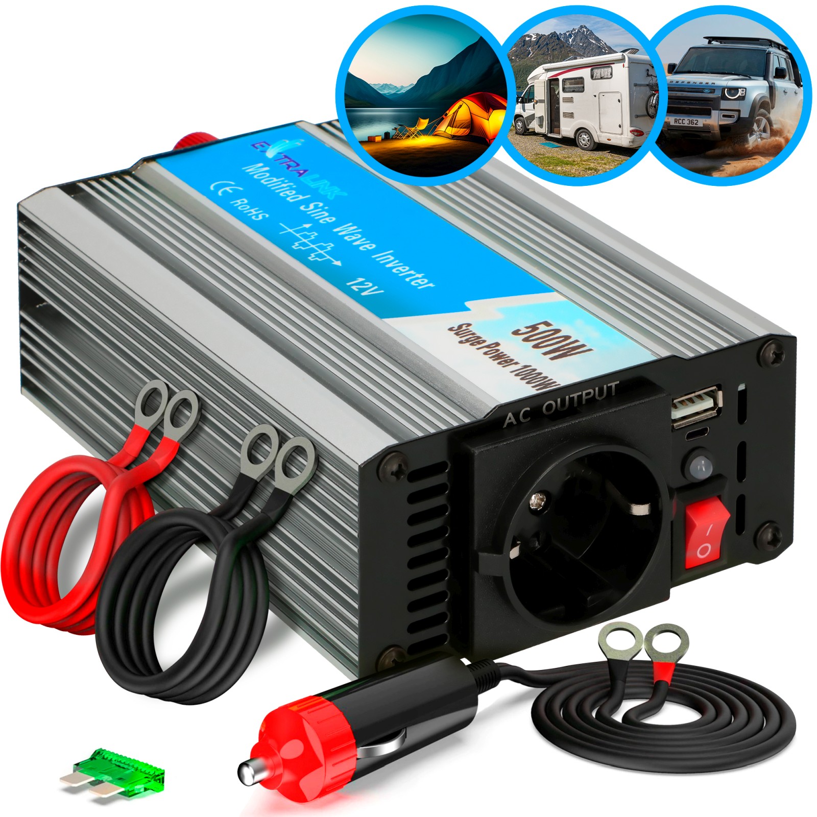 Extralink OPIM-500W | Przetwornica napięcia | samochodowa 12V, 500W modyfikowany sinus, USB-A, USB Typ C