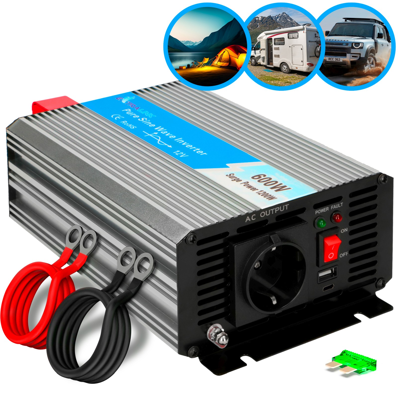 Extralink OPIP-600W | Przetwornica napięcia | samochodowa 12V, 600W czysty sinus, USB-A, USB Typ C